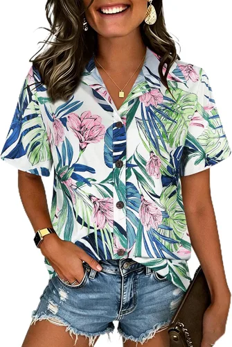 Vista 39 de LILYCHIC Camisas hawaianas de verano con botones de coco para mujer, camisas suaves con botones de manga corta A-hoja floral negra