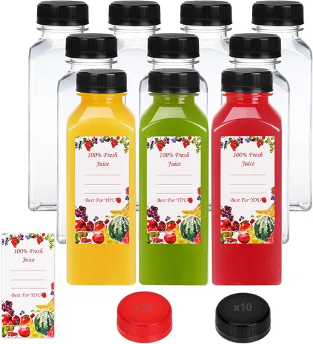 Vista 11 de SUPERLELE - 10 botellas de plástico para jugo de 12 onzas con tapas azules y negras