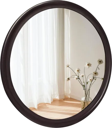 Vista 8 de Espejos redondos de 24 pulgadas, espejo de pared rústico decorativo de transición de nogal oscuro con grano de madera para baño, espejo de tocador