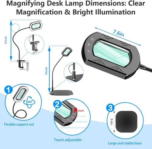 Vista 2 de Lupa grande 15X con luz y abrazadera, 5 modos de color regulable continuo, lupa iluminada con soporte manos libres, lupa de lectura flexible