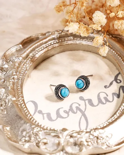Vista 5 de Aretes de turquesa tibetana de plata de ley 925 con piedras preciosas bohemias, hipoalergénicos, hechos a mano, para mujer, moda de moda