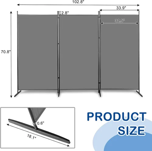 Vista 2 de Divisor de habitación de 3 paneles, pantalla de privacidad plegable Gris-3 pliegues