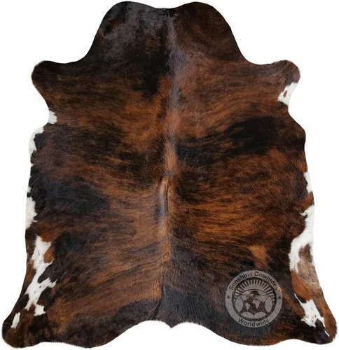 Vista 7 de Sunshine Cowhides Alfombra de piel de vaca tricolor 100% auténtica, alfombra de estilo moderno de piel de animal y alfombra para sala de estar