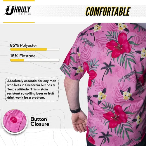 Vista 3 de Unruly Outfitters - Camisa hawaiana novedosa para hombre, rifles M4 y flores para el trabajo, fiesta, barbacoa