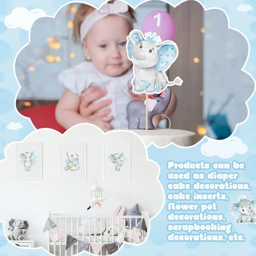 Vista 7 de Tatuo 36 piezas de recortes temáticos de elefantes, decoraciones de baby shower, bonitos recortes de elefante azul para baby shower, fiesta