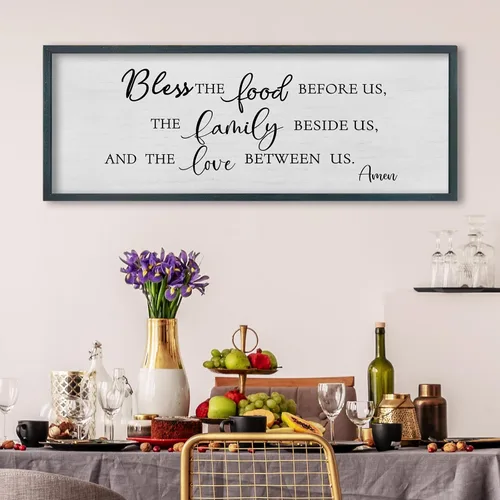 Vista 3 de FZMHASLWW Decoración de Pared para Comedor Bendición Cristiana Bendice la Comida Familia Amor Letrero de Versículo Bíblico 32"×12" Escritura