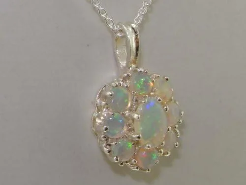 Vista 7 de Ladies Solid 925 Sterling Silver Natural Fiery Opal Large Cluster Pendant Necklace