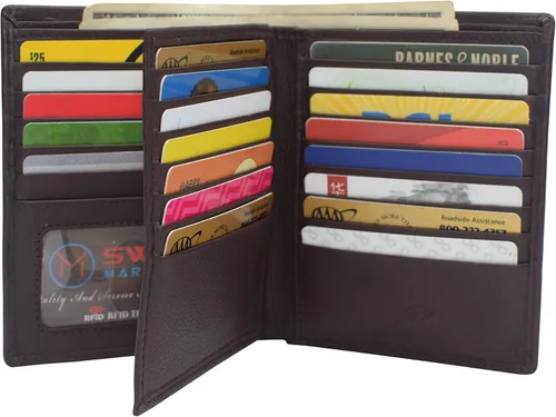 Vista 3 de Marshal Billetera de piel auténtica con bloqueo RFID para hombres ranuras para tarjetas, 2 compartimentos para billetes, ventanas de identificación