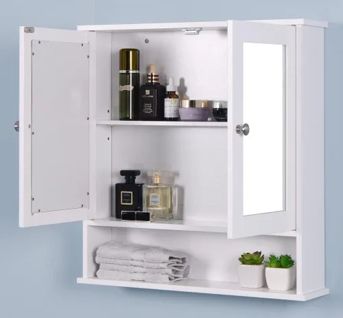 Vista 3 de Botiquín de baño montado en la pared con puertas de espejo dobles, Armario de baño colgante de madera con puertas y estantes, gabinete de espejo
