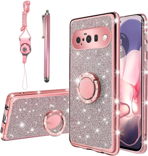 Vista 14 de Funda compatible con Google Pixel 6 Pro para mujer, con purpurina, suave, elegante, transparente, TPU de lujo, bonita funda protectora con correa