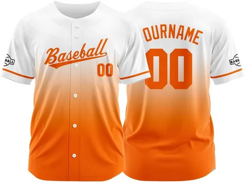 Vista 28 de Camiseta de béisbol con degradado personalizado, nombre, número y logotipo personalizados para hombres, mujeres y niños