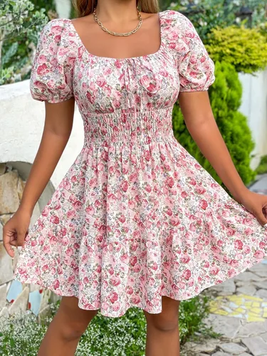 Vista 5 de Floerns Vestido bohemio de manga corta abombada con cuello cuadrado y lazo frontal para mujer