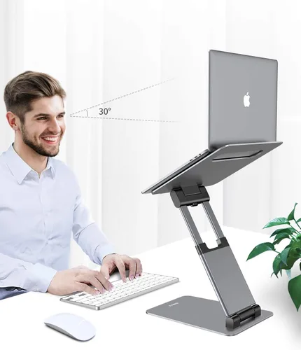 Vista 2 de Nulaxy Soporte de computadora portátil de altura ajustable para escritorio, elevador de computadora de aluminio plegable doble, diseño extraíble