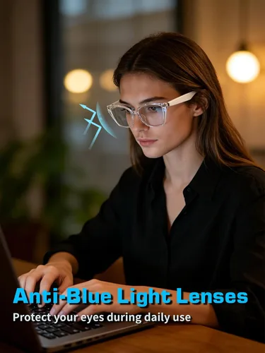 Vista 5 de Lentes inteligentes para mujer, con audio de oído abierto, Bluetooth con marco transparente, llamadas manos libres, cómodos de llevar para viajes