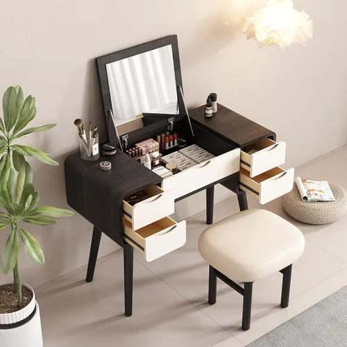 Vista 8 de Lartis Mesa de tocador con tapa abatible, elegante tocador de maquillaje con taburete, escritorio de maquillaje, espejo de maquillaje reversible