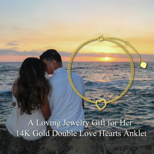 Vista 5 de SISGEM Pulsera de corazón de oro amarillo de 14 quilates para mujer, pulsera de corazón de doble cadena de oro real, regalo de aniversario