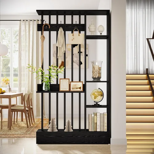 Vista 8 de Tribesigns Divisor de pared de habitación, estantería independiente de madera con estantes y ganchos para abrigos, 71 pulgadas, moderna partición