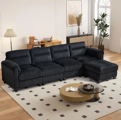 Vista 13 de HAOMARKETS Sofá esquinero modular en forma de L de 115 pulgadas con 2 otomanas móviles, sofás de pana de 8 plazas con cojín grueso para sala de Beige