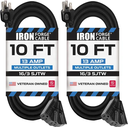 Vista 9 de Iron Forge Cable Cable de extensión negro de 6 pies con 3 tomas de corriente, SJTW de 16/3, cable de extensión de 6 pies, 3 clavijas, resistente a