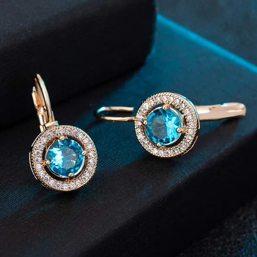 Vista 3 de Aretes redondos con halo de cristal austriaco para mujer, chapados en oro rosa de 14 quilates, joyería hipoalergénica, Metal Cristal, cristal