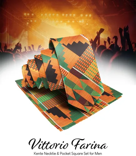 Vista 28 de Juego de corbata Kente con estampado africano y animal y pañuelo de bolsillo a juego