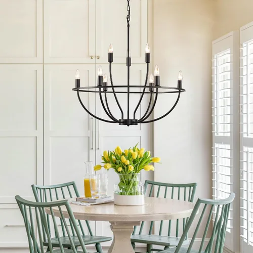 Vista 2 de Candelabros negros para comedor: 9 luces de casa de campo comedor, iluminación industrial rústica de isla de cocina, lámpara de araña redonda