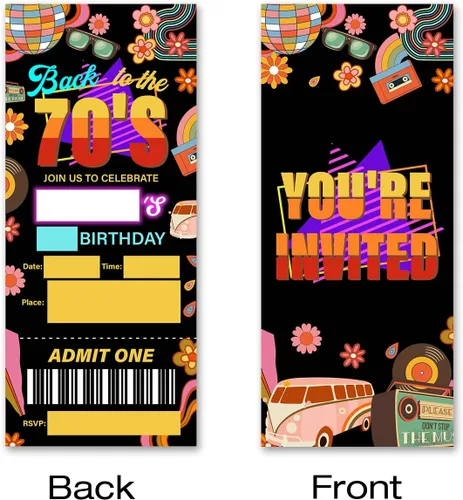 Vista 2 de brayqu Invitaciones de Fiesta de Cumpleaños de Regreso a los 70 Invitaciones Tipo Boleto Temáticas Retro de los 70 para Rellenar