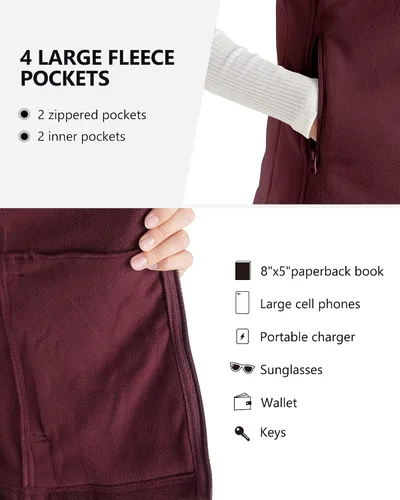 Vista 3 de Outdoor Ventures Chaleco de forro polar con cremallera para mujer, con bolsillos, cálido chaleco sin mangas para otoño e invierno