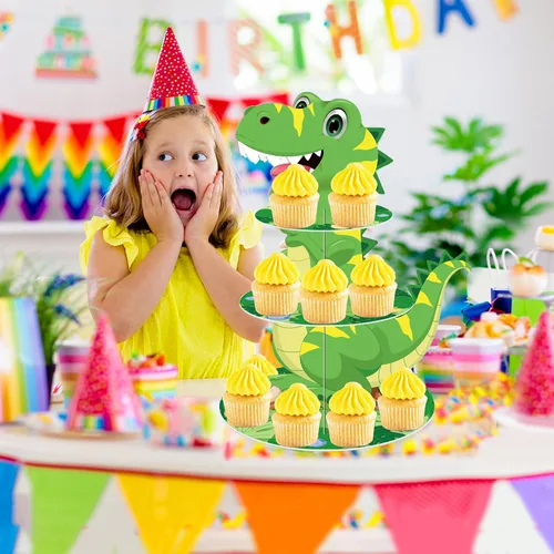 Vista 5 de Soporte de 3 niveles para cupcakes de dinosaurio, decoración de fiesta, soporte para cupcakes de dinosaurio de Anberky con forma de dinosaurio