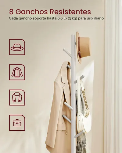 Vista 3 de VASAGLE Perchero de Madera Maciza, Perchero de Pie en Forma de Árbol con 8 Ganchos, 3 Opciones de Altura, para Ropa, Sombreros, Bolsos, Sala