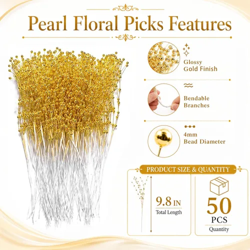 Vista 2 de 50 piezas de varillas con perlas de 4 mm en cadena para ramos de boda con cuentas para decoraciones de mesa de boda (dorado)
