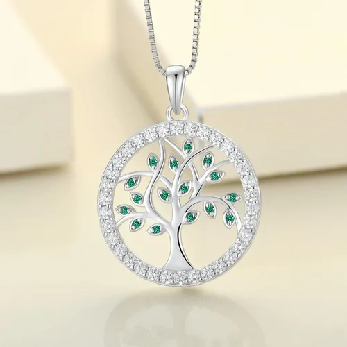 Vista 4 de YL Collar de árbol de plata de ley 925 con colgante de árbol de la vida, piedra natal redonda, halo familiar, joyería para mujer