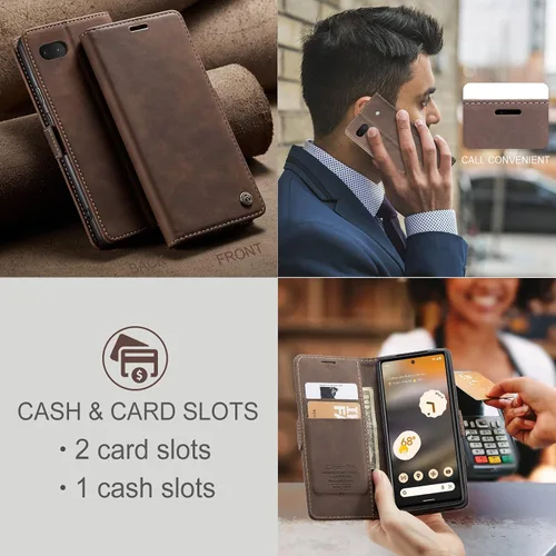 Vista 5 de Kowauri Funda para Google Pixel 6A, diseño clásico de piel con cierre magnético, con ranura para tarjetero, a prueba de golpes, funda protectora Café