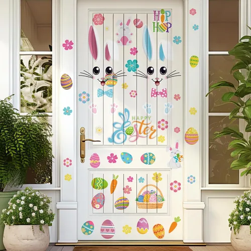 Vista 5 de Kajaia 4 piezas Adhesivos de puerta de Pascua felices Adhesivos de refrigerador Huevo de Pascua Flor de Pascua Conejo de Pascua Adhesivos de pared