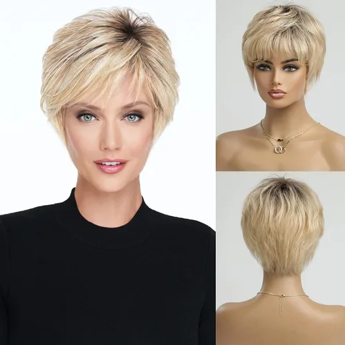 Vista 12 de HAIRCUBE Pelucas rubias de corte Pixie para mujer, estilo ondulado natural, peluca de encaje sintético resistente al calor con parte superior