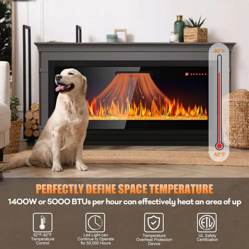 Vista 3 de Chimenea eléctrica, 50 pulgadas, empotrada y montada en la pared, calentador eléctrico de 1400 W con controles remotos, 16 colores de llama