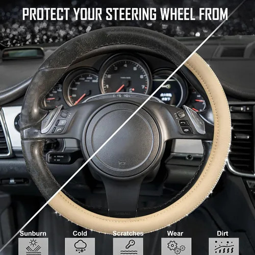 Vista 8 de CAR PASS Funda para volante de cuero beige con diamantes brillantes, cristales blancos brillantes con purpurina y pedrería, ajuste universal de 14