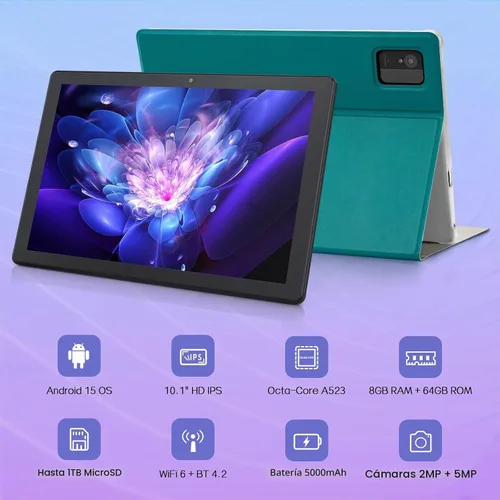Vista 2 de Tablet Android de 10.1 pulgadas con funda, Android 15 tabletas para adultos, Octa-Core, 8 GB de RAM 64 GB ROM, 1 TB expandible, WiFi 6, GPS, cámara
