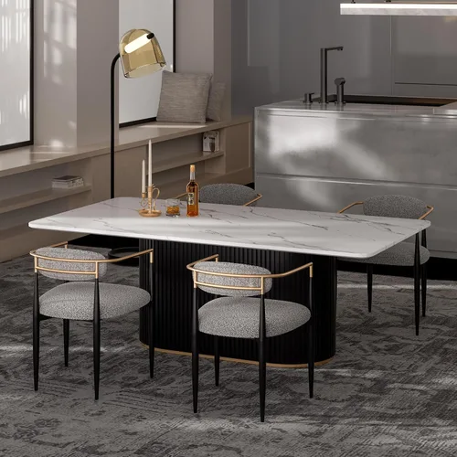 Vista 8 de Juego de mesa de comedor moderno Morden Fort para 4, mesa de cocina de 70" con tapa rectangular de mármol y base estriada negra, 4 sillas tapizadas