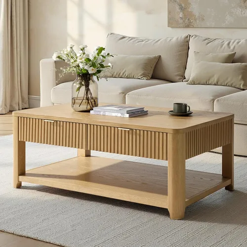 Vista 11 de HULALA HOME Mesa de centro moderna acanalada con almacenamiento, mesa de centro de chapa de roble de madera con mesa ancha, 2 cajones y estante Nogal