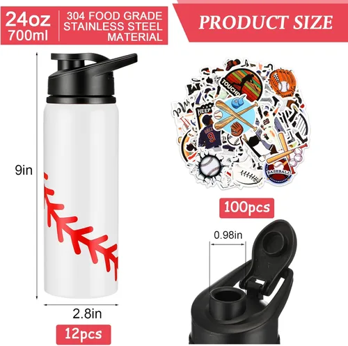 Vista 3 de Gerrii 12 botellas de agua de béisbol a granel de 20 onzas con tapa a presión, botellas reutilizables, 100 calcomanías, calcomanías de premio