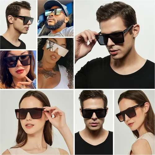 Vista 4 de LYZOIT Lentes de sol cuadrados de gran tamaño para mujeres y hombres, parte superior plana grande, protección UV, sombras sin montura