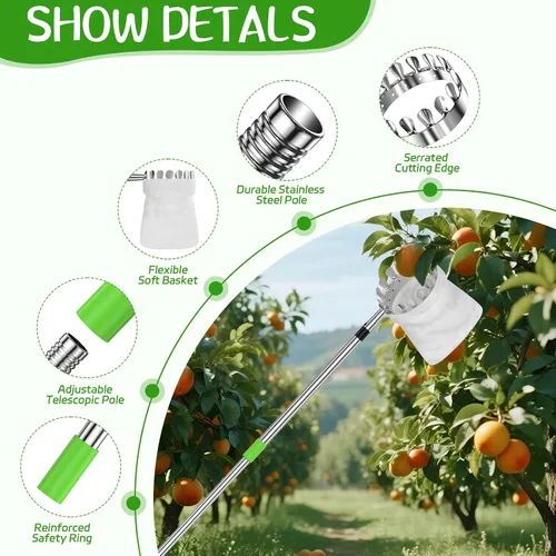 Vista 2 de BURMONG Herramienta recolectora de frutas de 6.6 pies con poste de acero inoxidable y cesta de tela suave, cosechadora ligera de frutas
