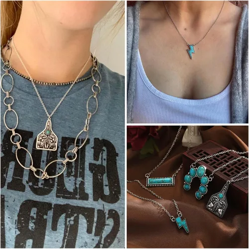 Vista 7 de IFKM Bohemian Jewelry Set With Turquoise Necklace, Dangle Earrings, Stackable Bangle Bracelets, Knuckle Rings For Women Vintage Western Boho