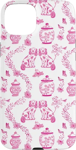 Vista 9 de Preppy - Carcasa para iPhone 16, diseño de perros y tarros de jengibre, color rosa y blanco
