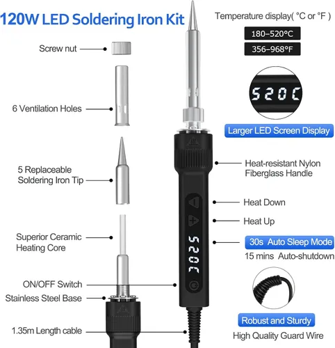 Vista 3 de 120W LED Soldador Kit 7s Calentamiento Rápido Temperatura Ajustable 356-968 Amarillo
