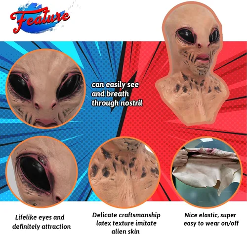 Vista 4 de Máscara de látex de cabeza de alienígena de terror aterrador para Halloween, disfraz de fiesta, accesorio