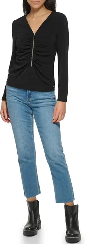Vista 5 de Calvin Klein Blusa de manga larga con cremallera frontal fruncida para mujer