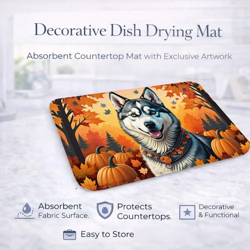 Vista 4 de Caroline's Treasures DAC1074DDM - Tapete de secado de platos de otoño siberiano Husky absorbente, tapete para secar platos para encimera de cocina