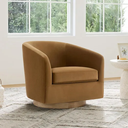 Vista 23 de CHITA Silla Giratoria de Acento, Silla Barrel Tapizada en Terciopelo con Certificación FSC para Sala de Estar, Completamente Ensamblada, Naranja